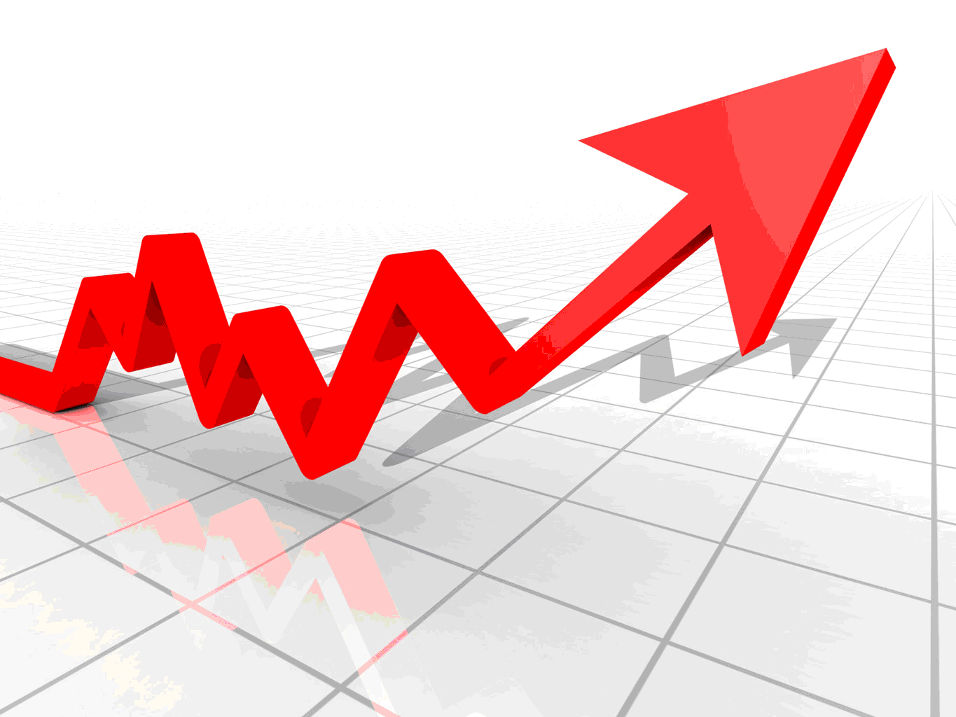 A graph with a red arrow trending upwards reflecting over a graph paper background.