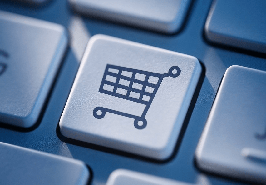 Illustration of a shopping cart as a key on a keyboard.