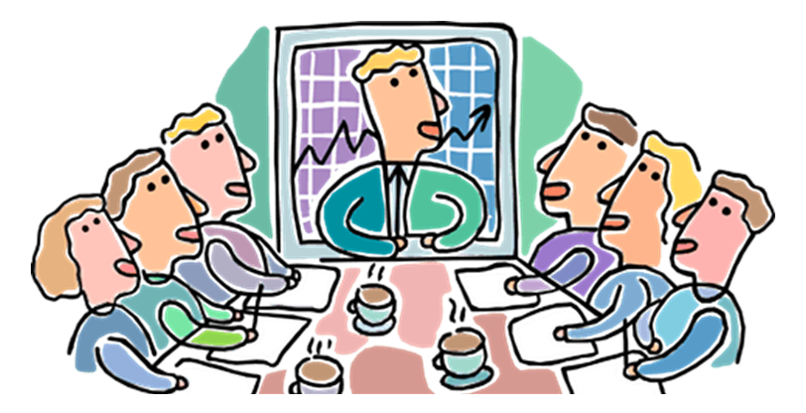 A colorful drawing of a business meeting with a graph trending upwards behind the speaker