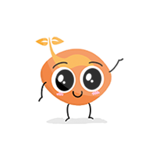 Smiling orange seed sprouting, waving.