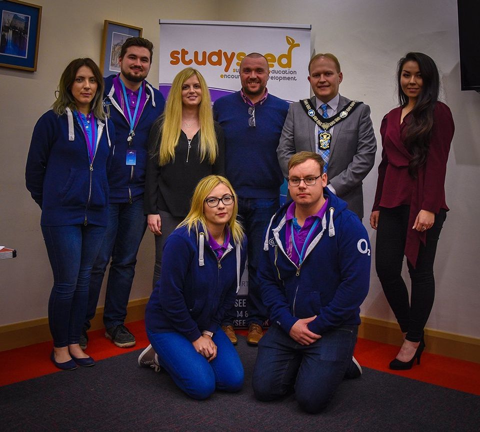(Back Row L-R) Nicola Toner (O2 Ballymena), Joshua Robinson (O2 Rushmere), Jayne Hamilton (Studyseed Director), Stephen Morris (O2 Northern Ireland Regional Leader), ABC Council Lord Mayor Gareth Wilson, Siofra Frost (Studyseed Director)  (Front Row L-R) Jane Miller (O2 Ballymena), Ciaran O'Hagan (O2 Newry)