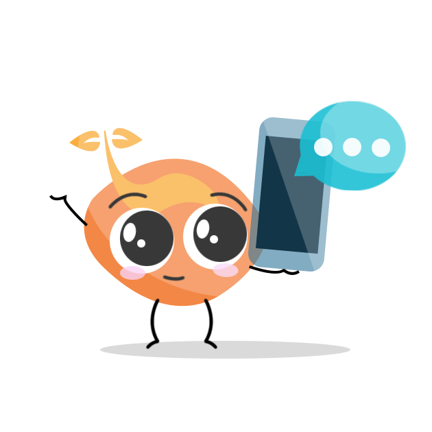 Cute, orange character holding a phone with a speech bubble. It's waving with a sprout on its head and has big eyes.