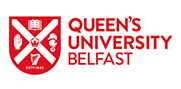 Queen's University Belfast logo: Red shield with white cross, text 