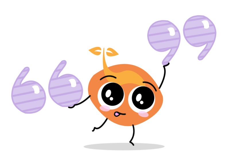 Orange cartoon character holding quotation marks, looking concerned.