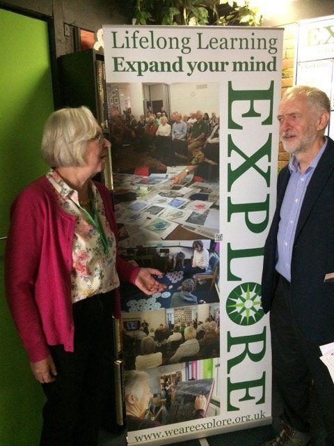 Explore Lifelong Learning 2016 Jeremy Corbyn & Dorothy Stainsby with Explore banner adult education