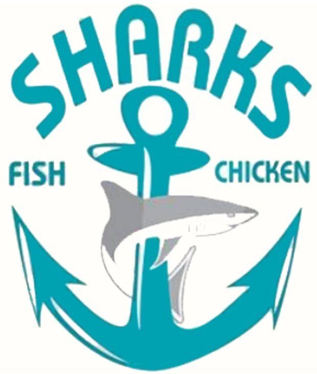 Sharks fish and chicken logo with an anchor and shark