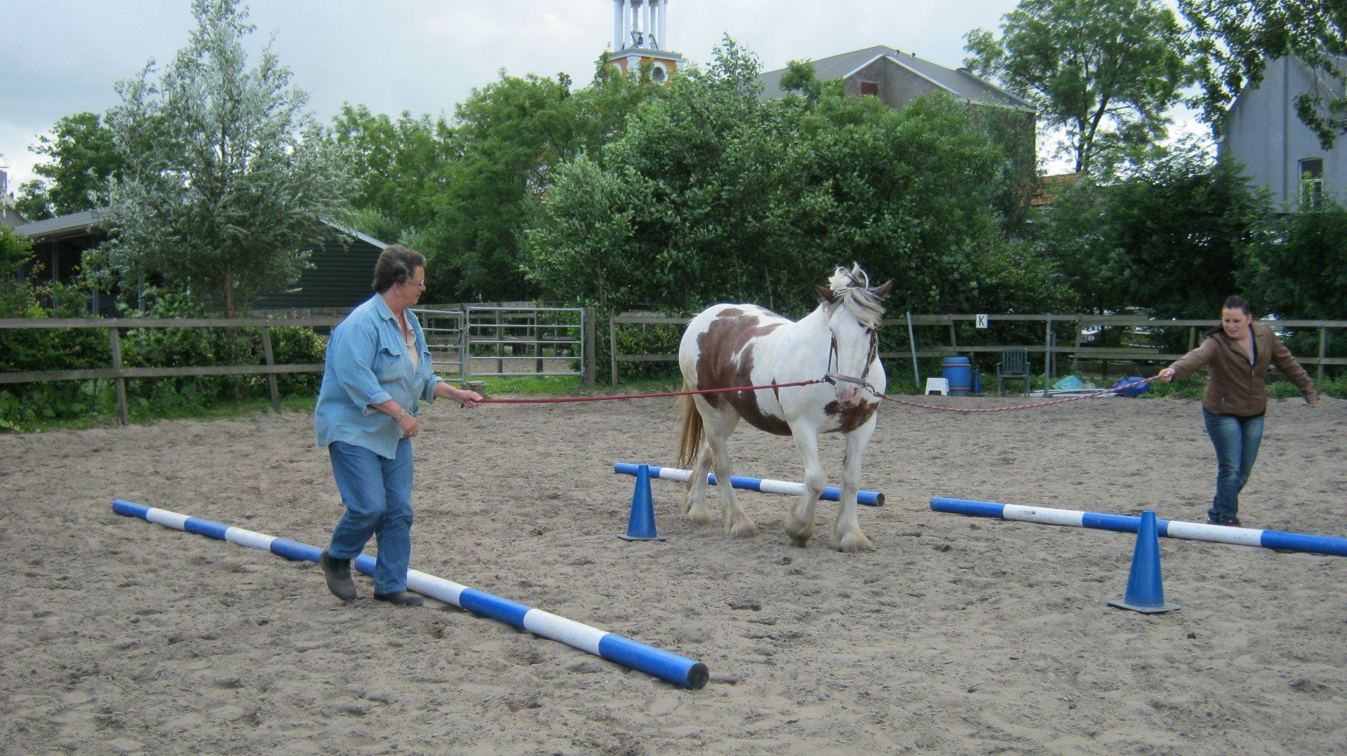 Twee mensen trainen een bont paard om over balken te stappen in een buitenarena.