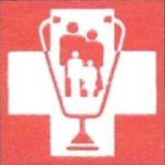 White family silhouette inside a trophy on a red background with a white cross shape