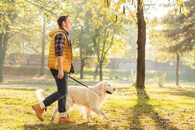 Guy walking with his dog—pet friendly motel in Spokane, WA