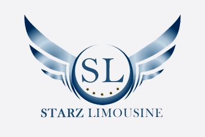 A logo for starz limousine with wings on a white background
