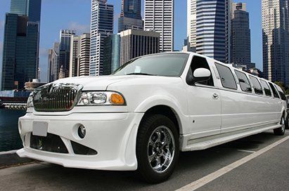 A white limousine is parked in front of a city skyline.
