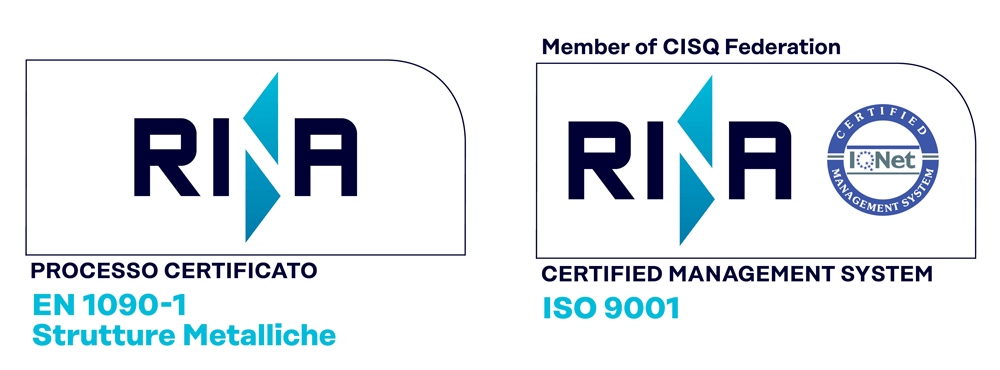 Loghi di certificazione RINA su sfondo bianco, tra cui ISO 9001 e EN 1090-1 Metalliche