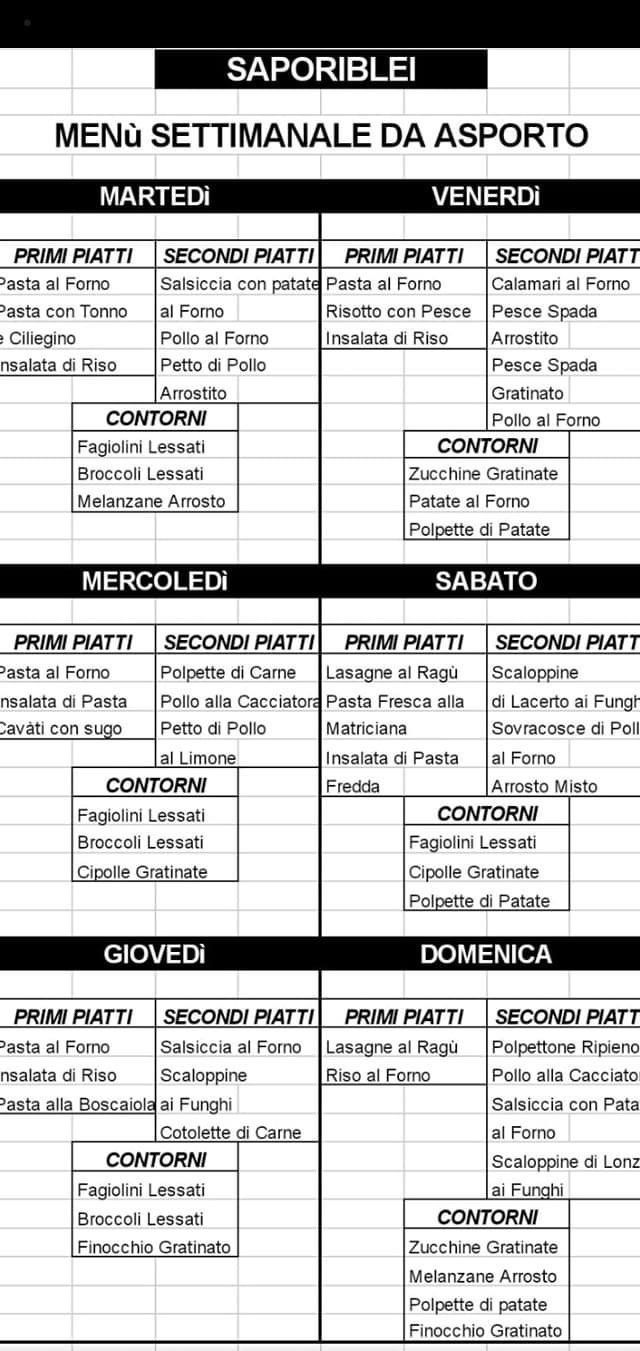 saporibile menu asporto