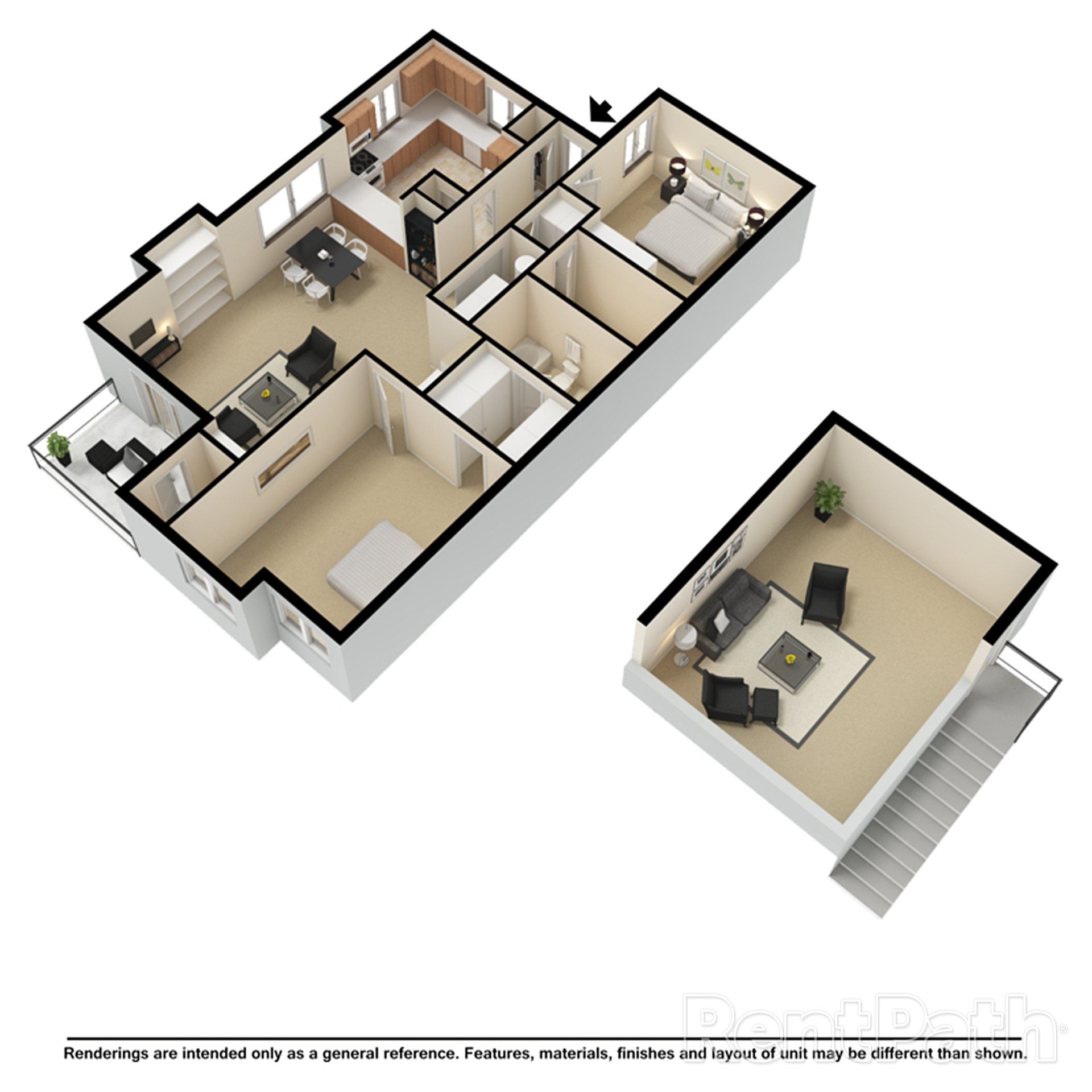 A 3d floor plan of a house with a balcony