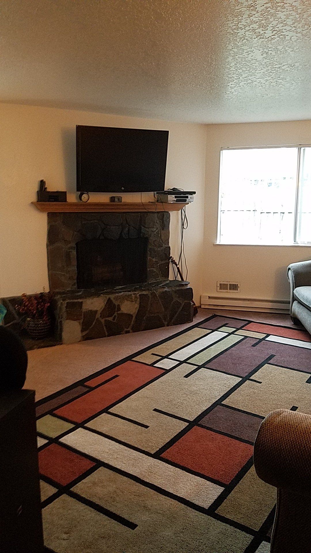 A living room with a fireplace and a flat screen tv