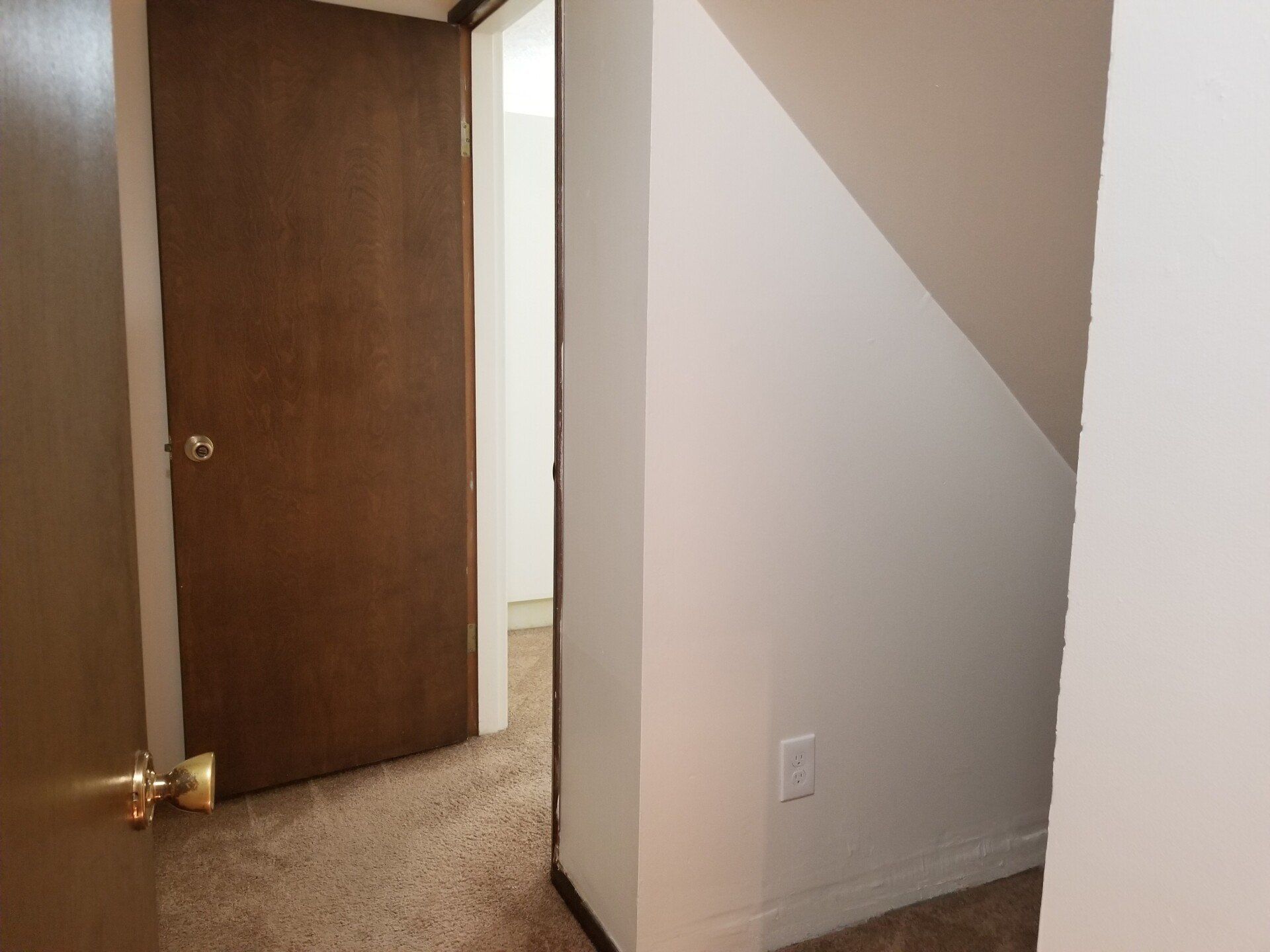 A hallway with a door and stairs in a house.