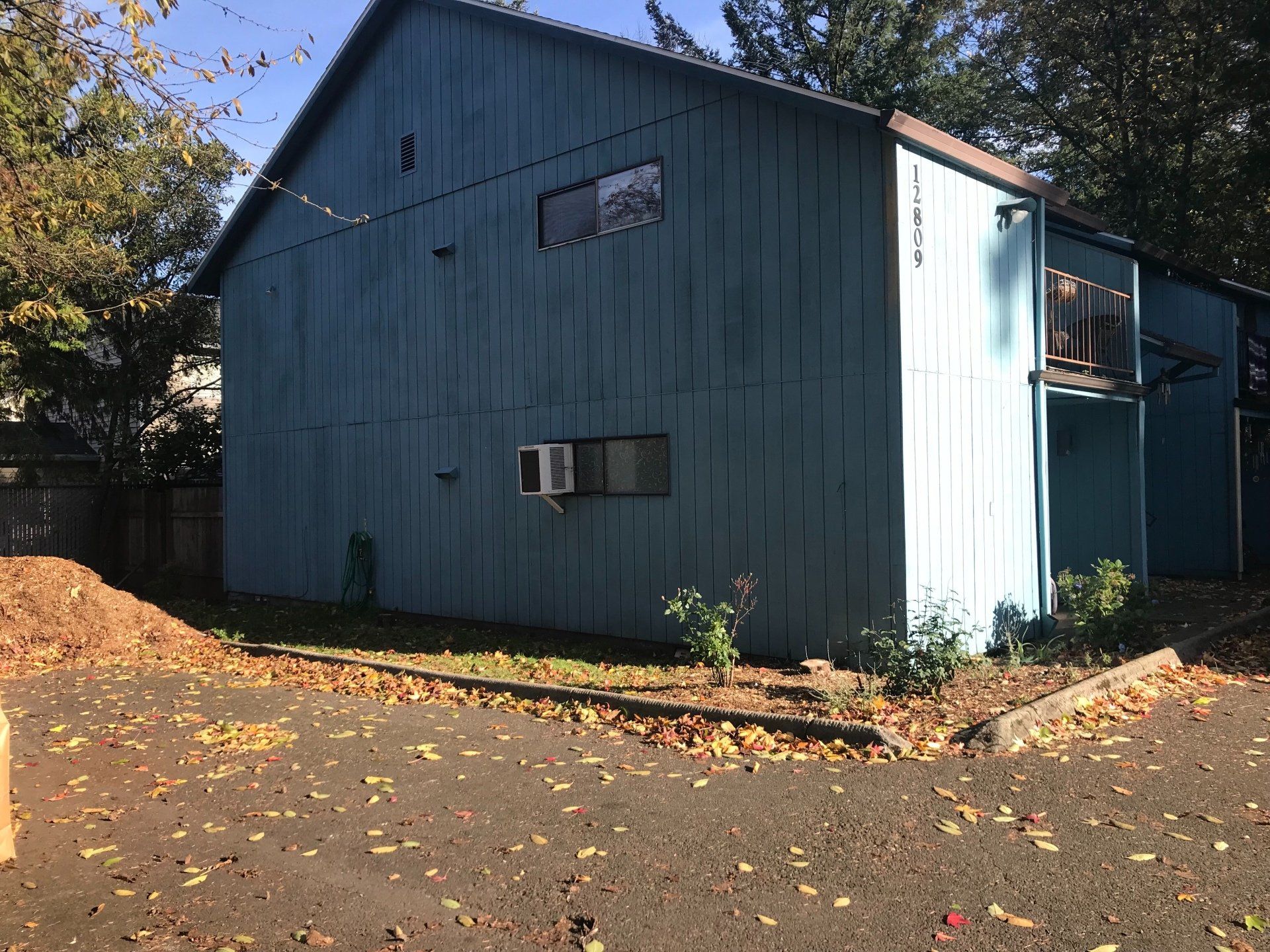 A blue building with a brown roof is surrounded by trees and leaves.