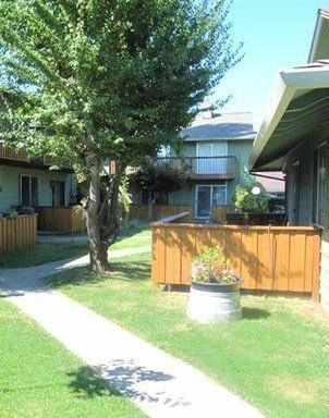 A row of houses are lined up next to each other on a lush green lawn.