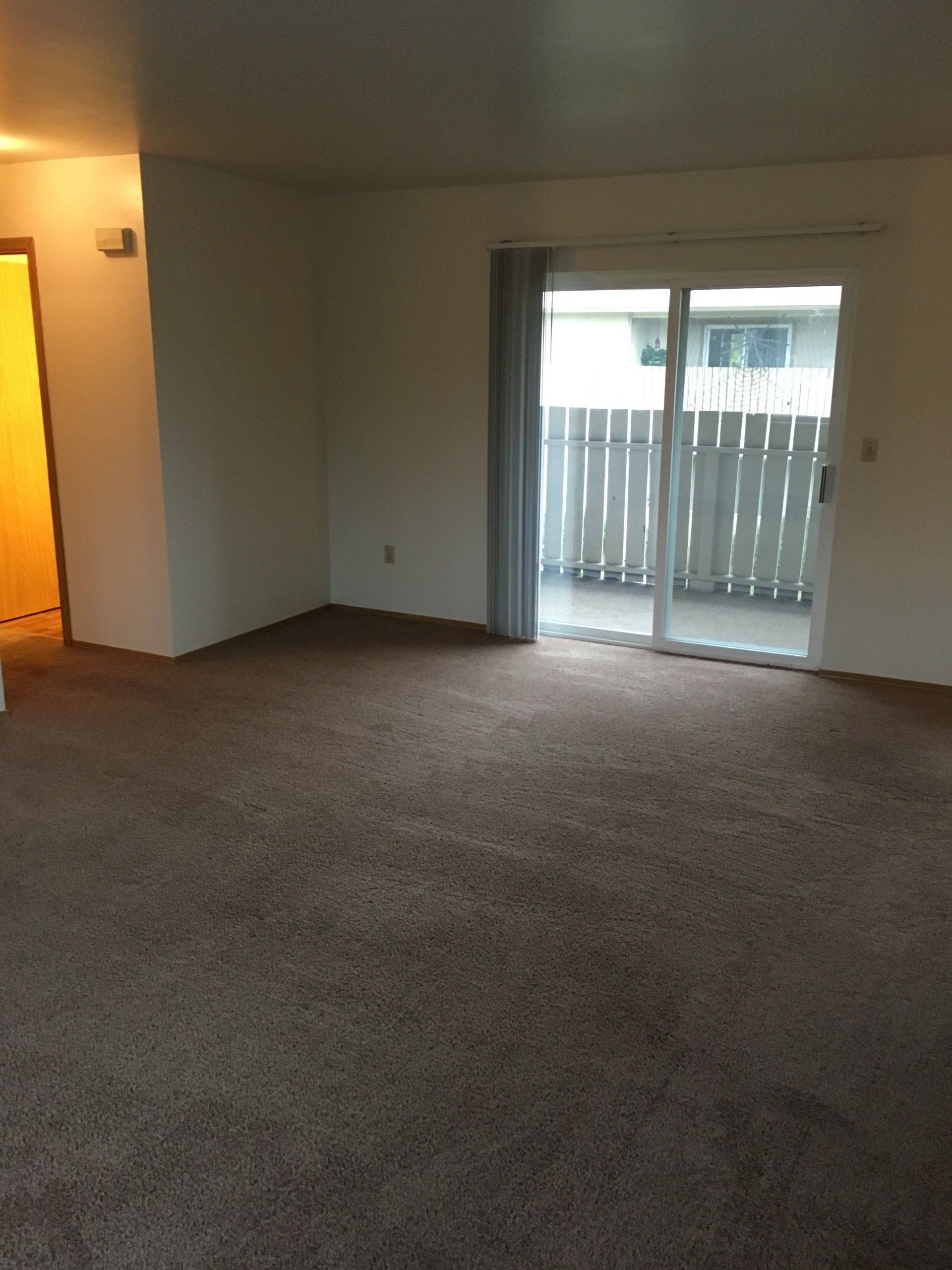An empty living room with a sliding glass door