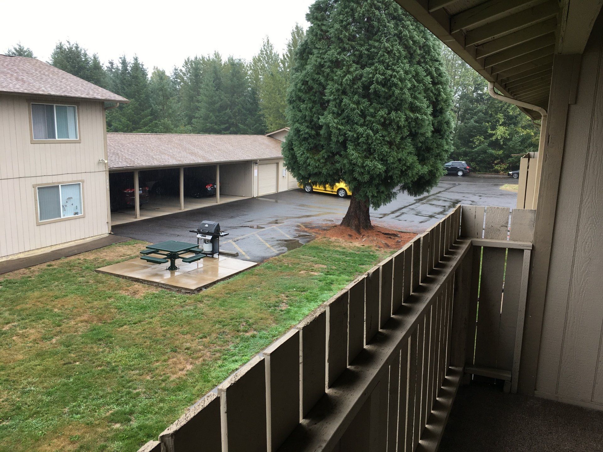 A balcony with a view of a parking lot and a tree