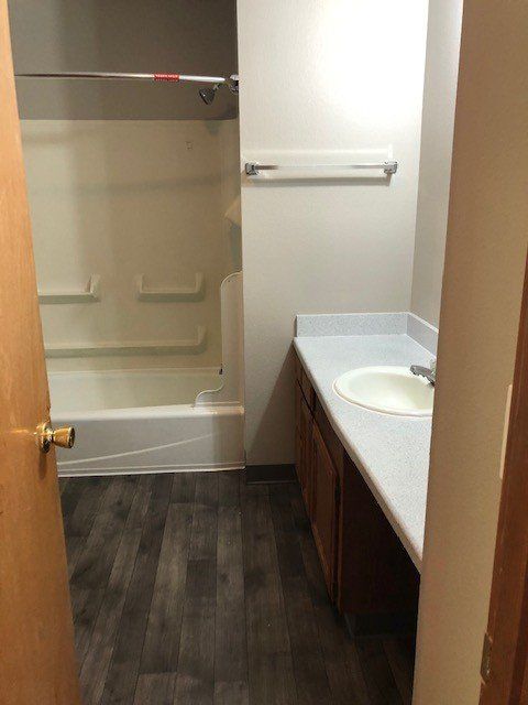 A bathroom with a sink and a bathtub