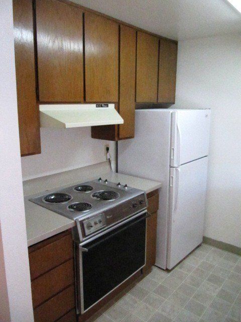 A kitchen with a stove top oven and a refrigerator