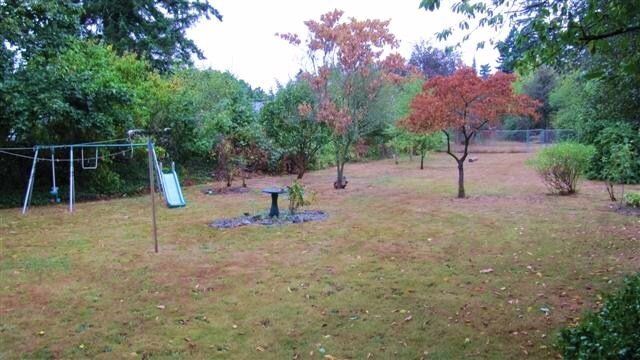 A backyard with a swing set and trees in the background
