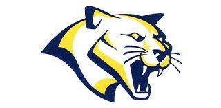 A yellow and blue panther head with its mouth open on a white background.