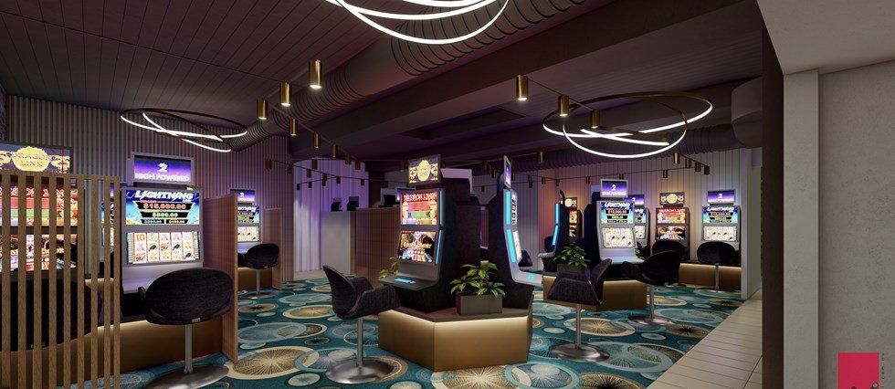 An artist 's impression of a casino with a lot of slot machines.