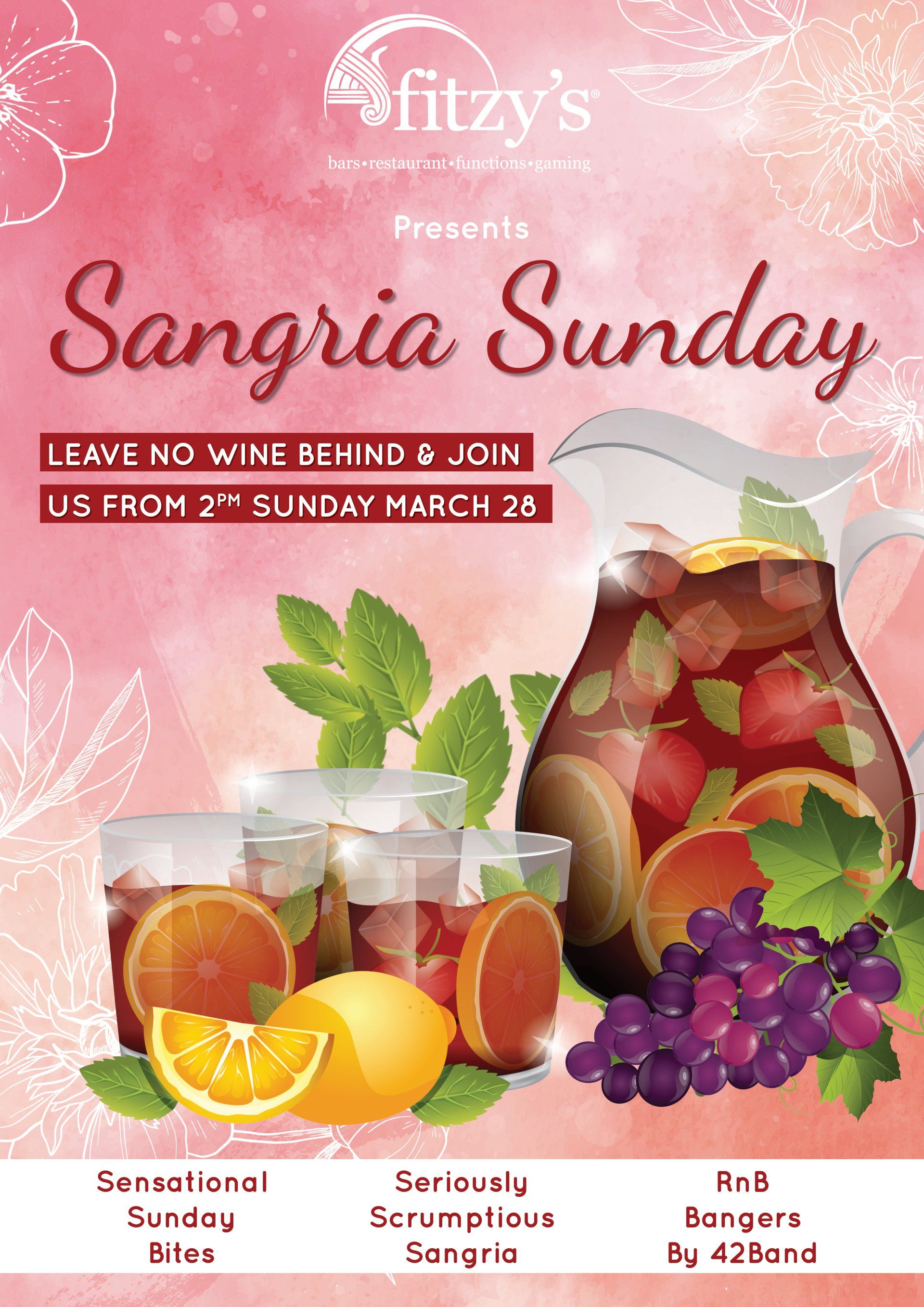 A poster for a sangria sunday with a pitcher of sangria and glasses of sangria.