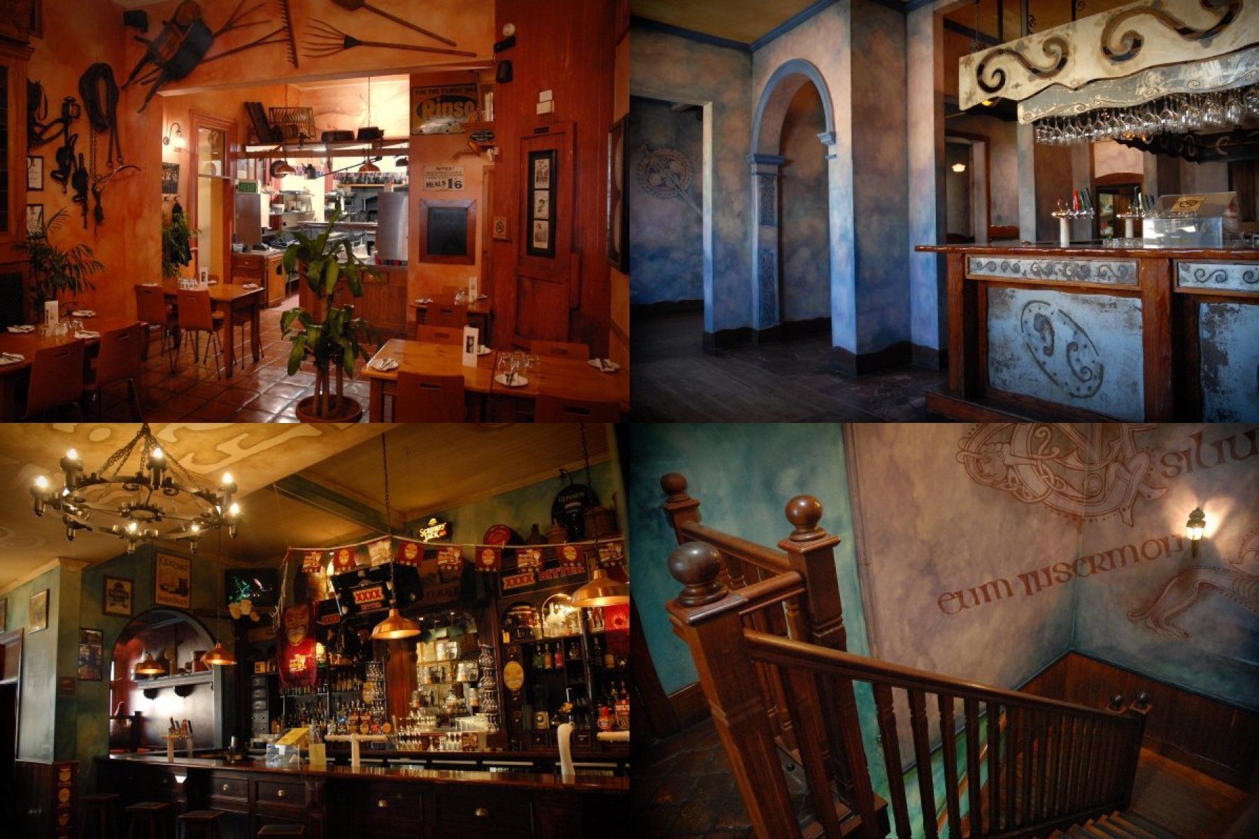 A collage of four pictures of a restaurant including a bar and stairs