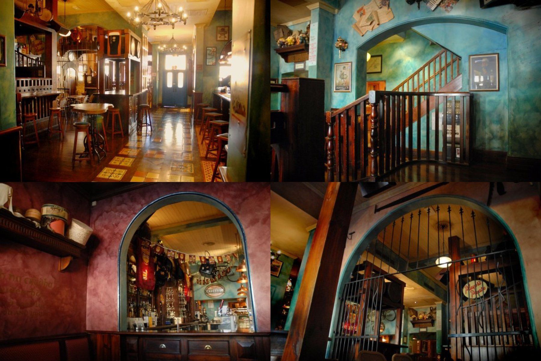 A collage of four pictures of a restaurant with a staircase