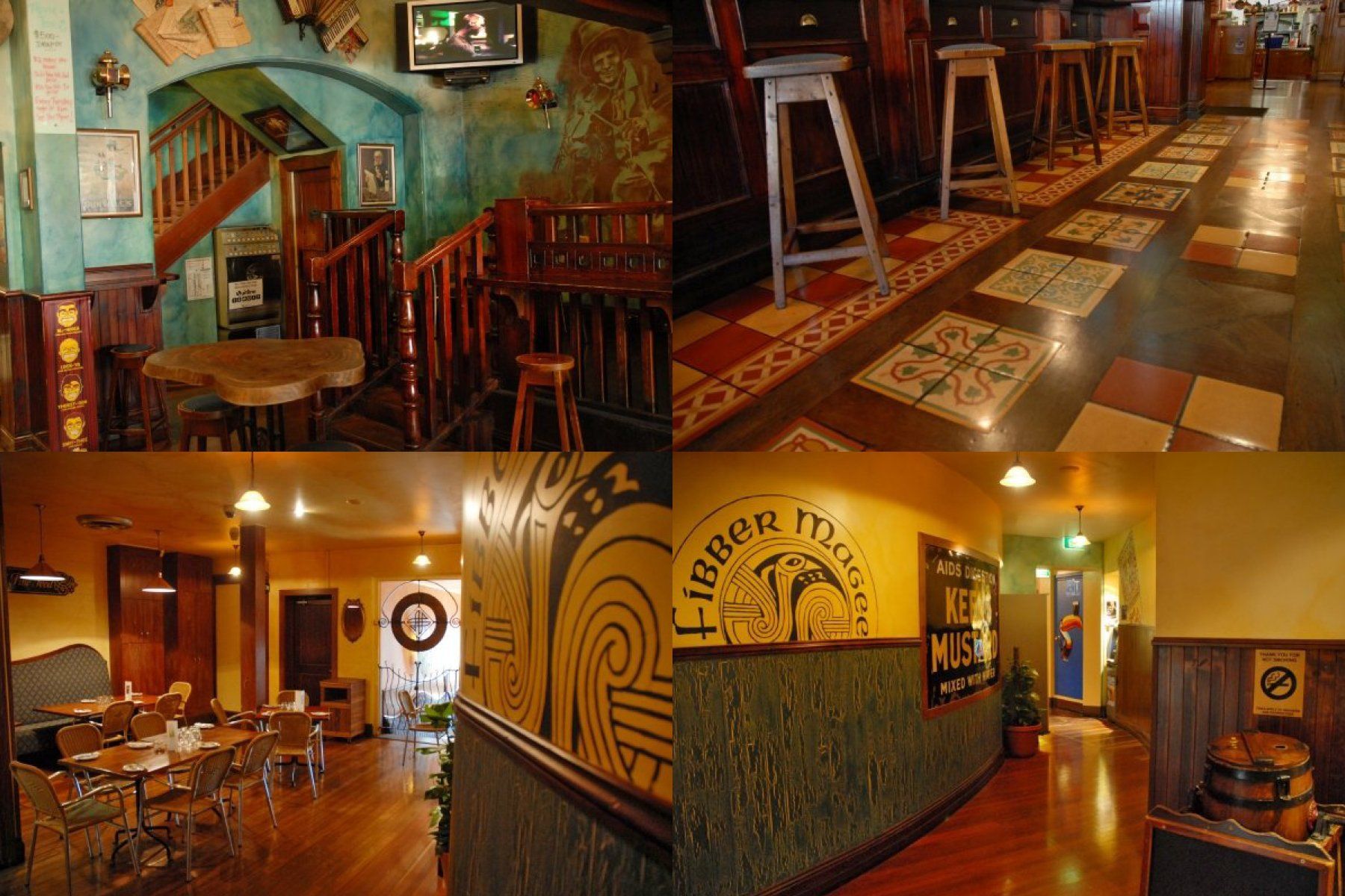 A collage of four pictures of a restaurant with the word liquor on the wall