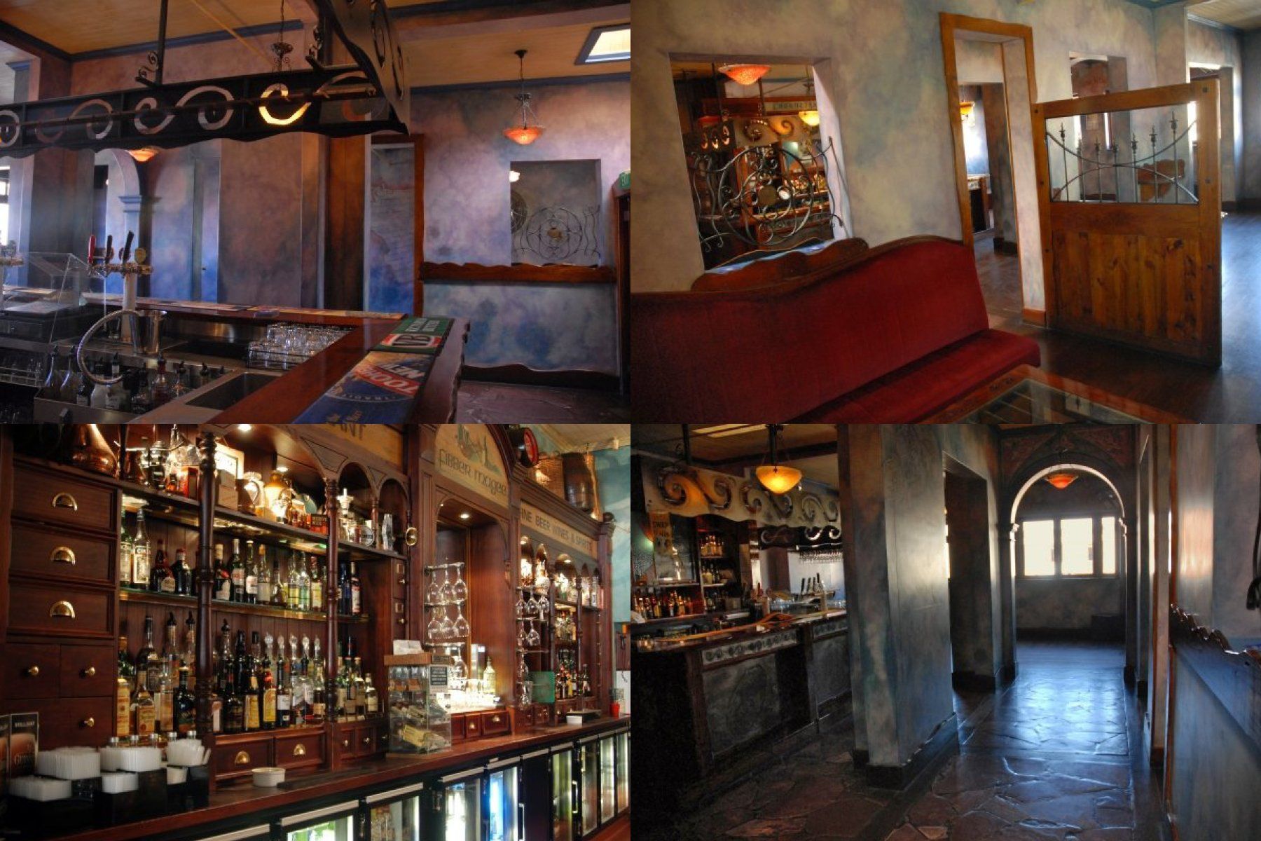 A collage of four pictures of a restaurant including a bar and a hallway