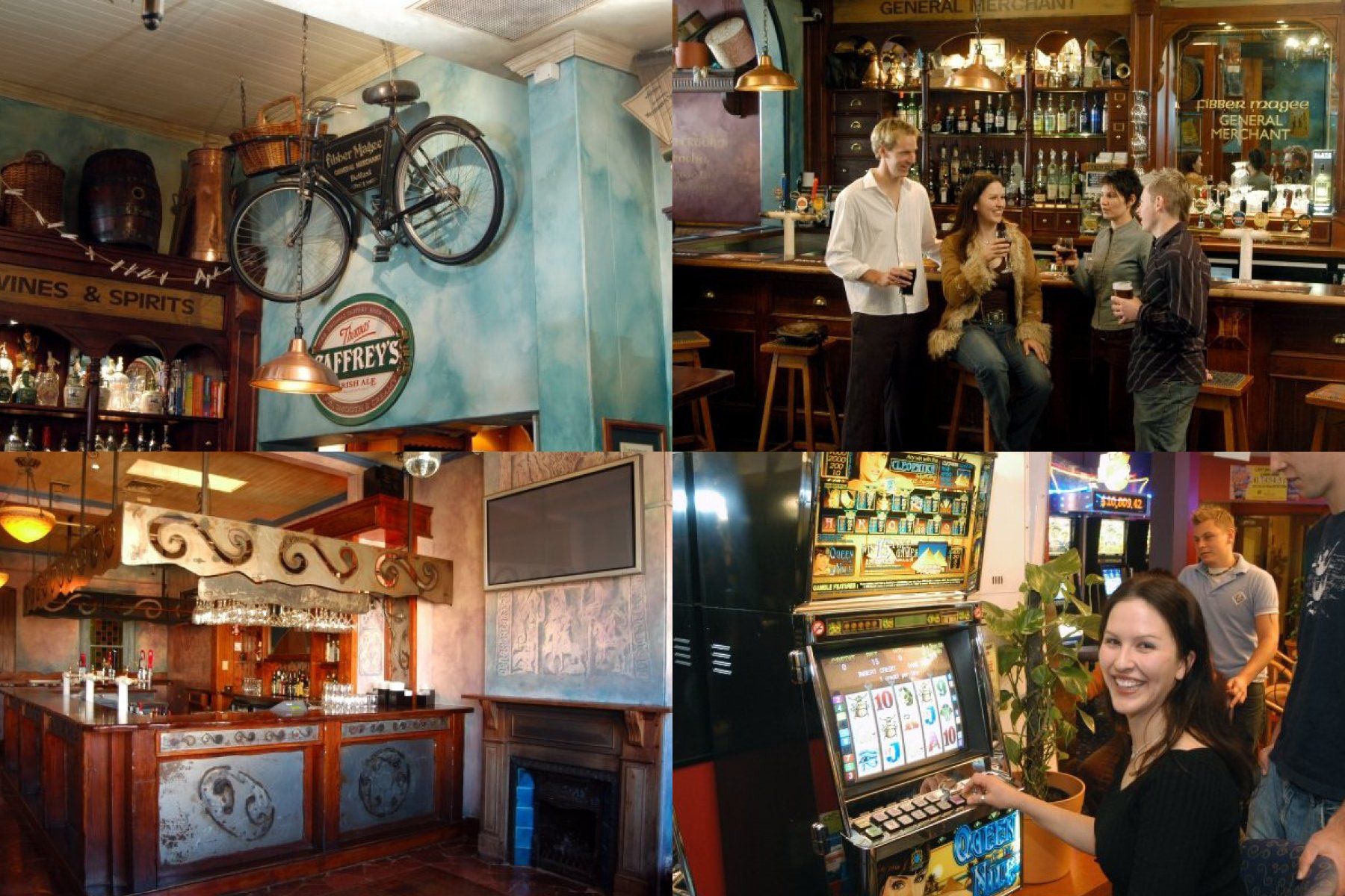 A collage of photos of people in a bar including a woman playing a slot machine