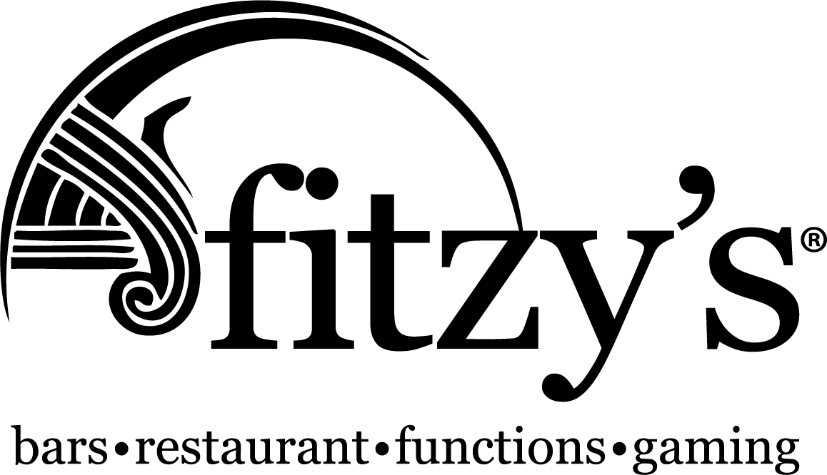 A black and white logo for fitzy 's bars , restaurant , functions , gaming.