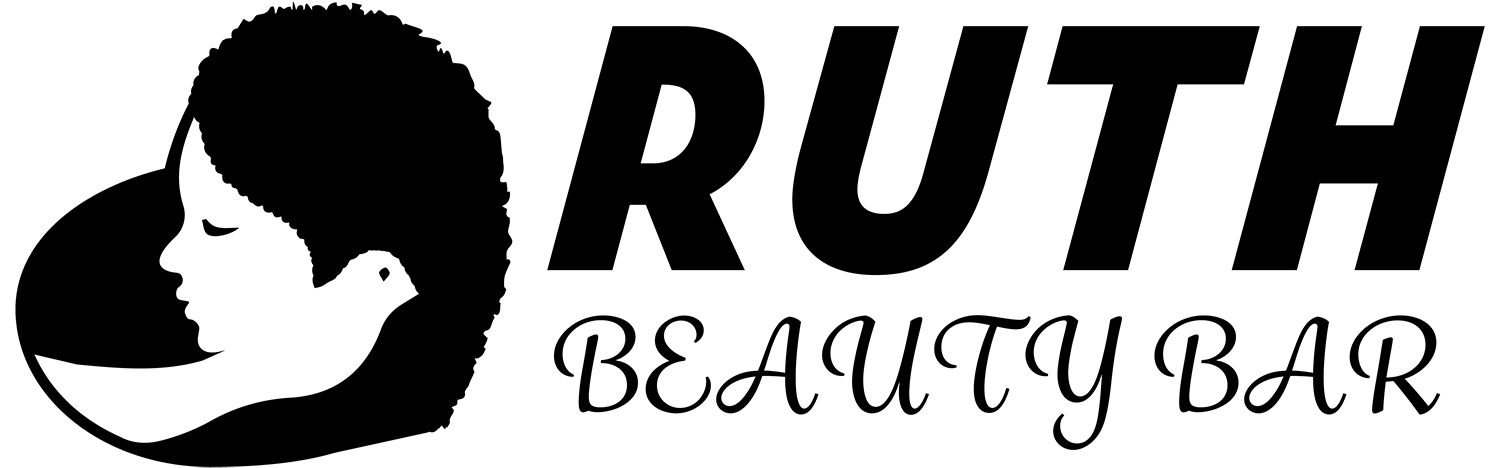 A black and white logo for ruth beauty bar with a silhouette of a woman 's face.