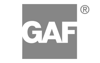 The GAF company logo, featuring white, bold capital letters on a gray square background with a registered trademark symbol.