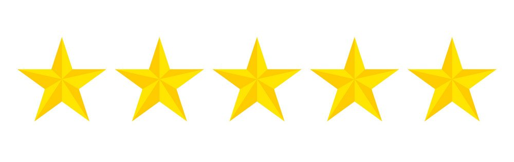 Five gold, five-pointed stars arranged in a horizontal row, representing a five-star rating.