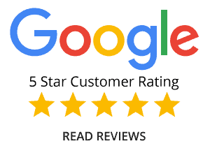 Google logo with a five-star rating graphic and text that reads 5 Star Customer Rating and READ REVIEWS.