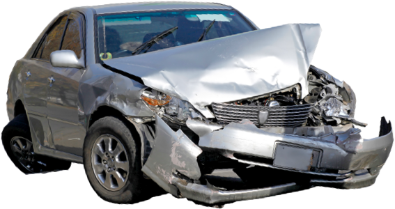 Damaged gray sedan with severe front-end crash damage, hood crumpled and bumper detached