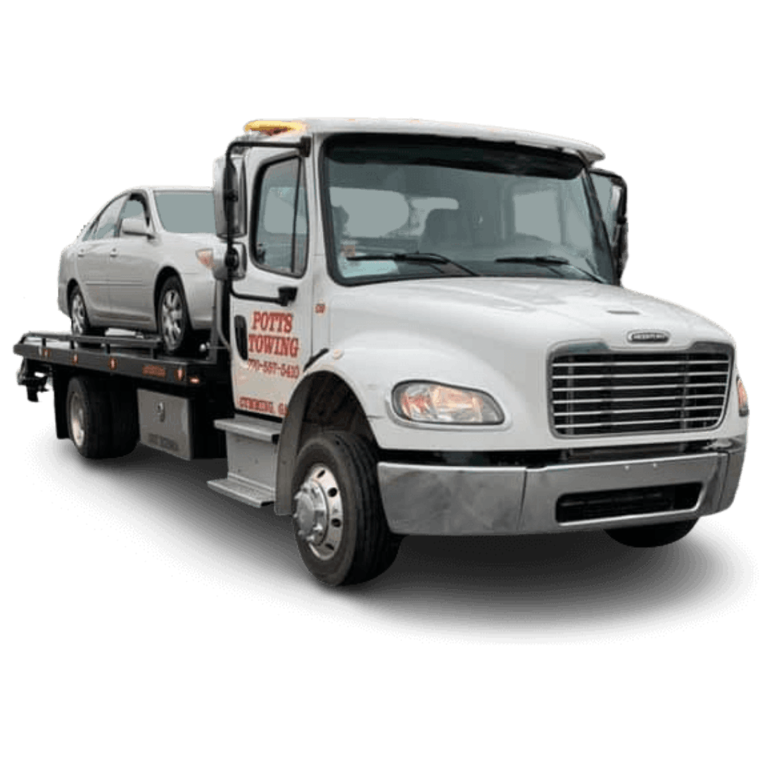 White flatbed tow truck carrying a silver sedan on a white background