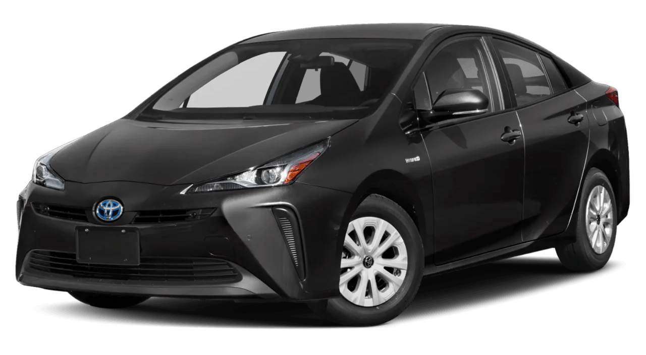 Black Toyota Prius sedan angled front view on a white background