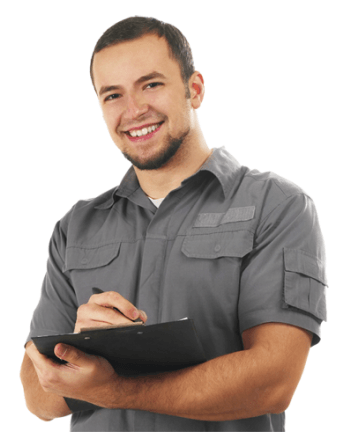 Smiling technician in gray shirt holding a clipboard and writing on it