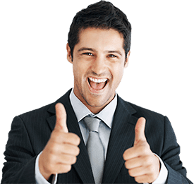 Smiling man in a suit giving two thumbs up on a white background
