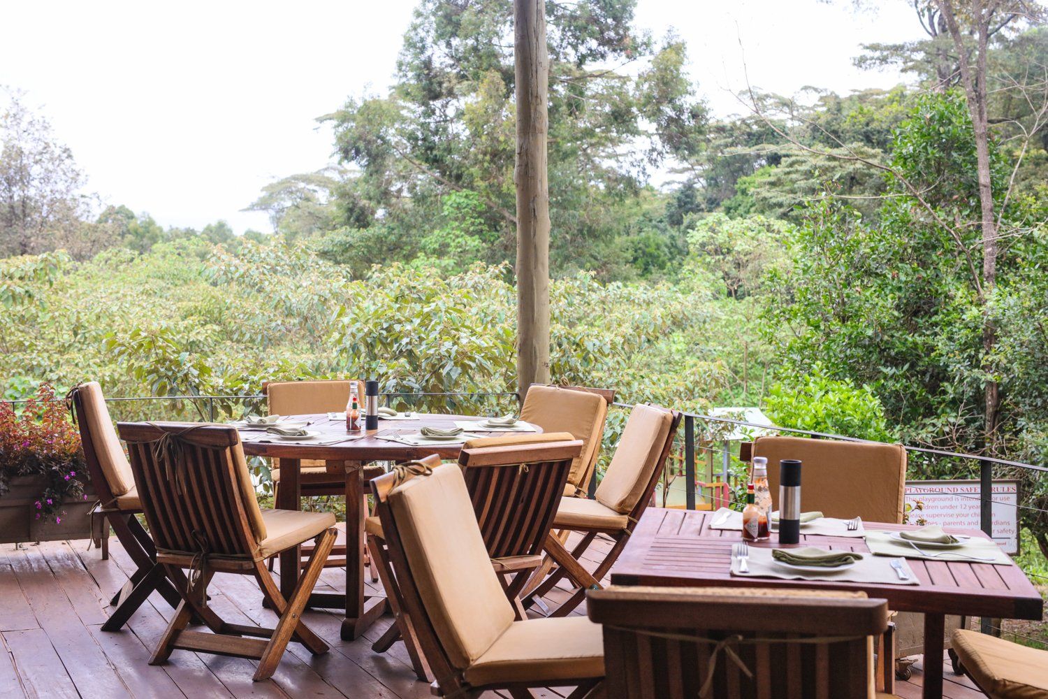 A restaurant with tables and chairs on a deck overlooking a forest.