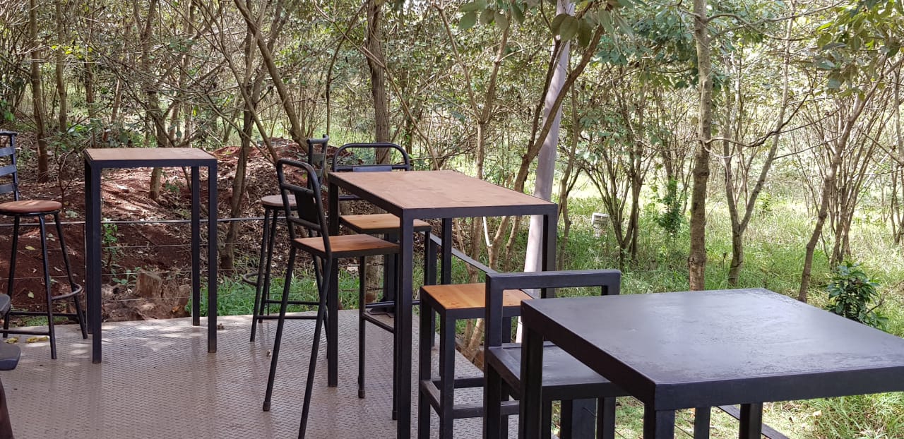 A row of tables and chairs in the middle of a forest.