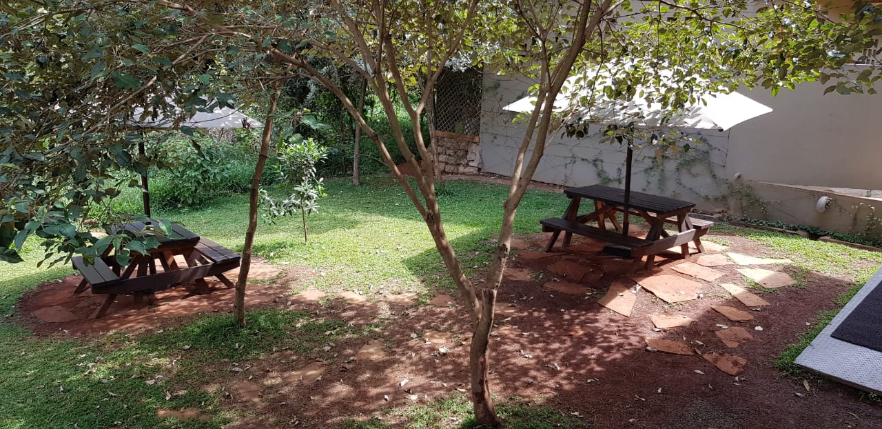 A group of picnic tables and umbrellas in a lush green yard.
