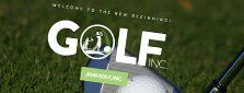 Golf Inc. logo with golf club and ball on green grass. 