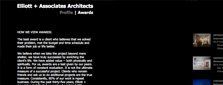 Elliott + Associates Architects website, text on black background with images on the right.